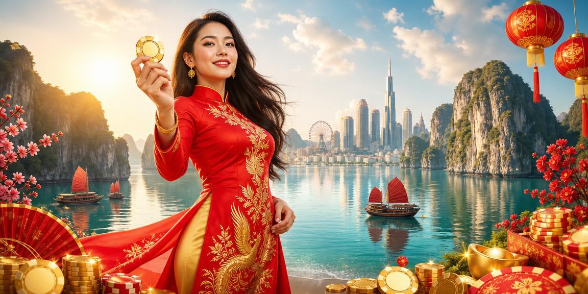 Cảnh Vịnh Hạ Long với người dùng kiểm tra tài khoản thanh toán trực tuyến trên thiết bị di động